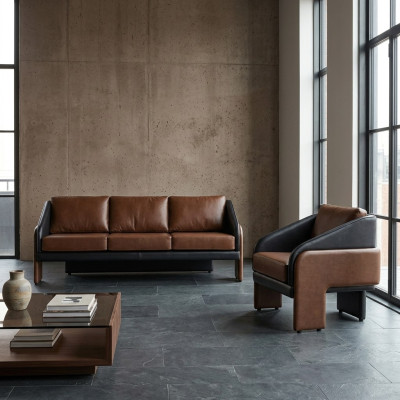 Brown-Black Leather Seating Ensemble Stylish Three-Seater Armchair 2-piece