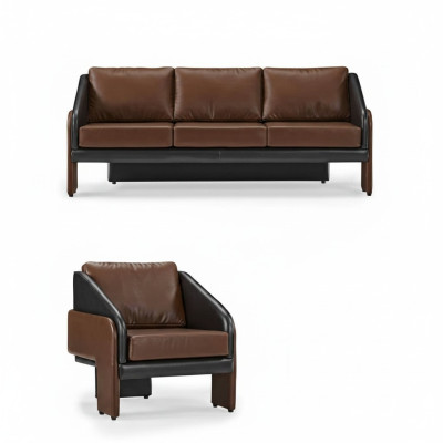 Brown-Black Leather Seating Ensemble Stylish Three-Seater Armchair 2-piece