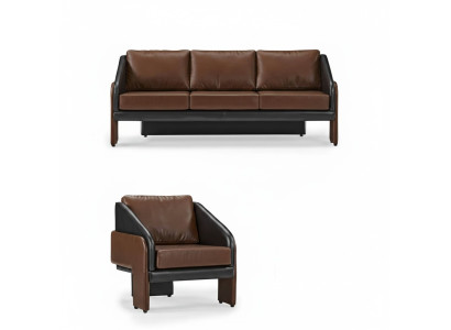 Brown-Black Leather Seating Ensemble Stylish Three-Seater Armchair 2-piece