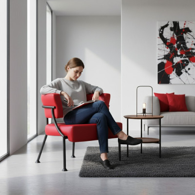 Luxurious red armchair designer leather single-seater upholstered club chair