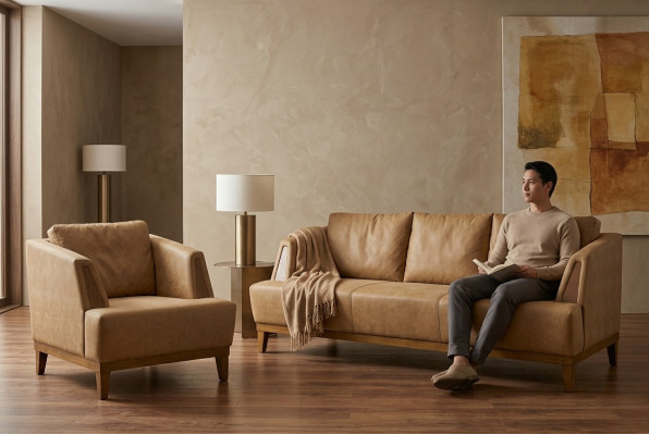 Luxurious brown sofa set modern leather couch designer armchair 2-piece set
