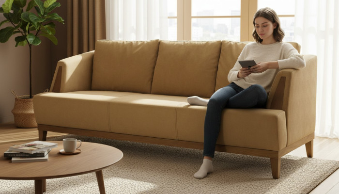 Brown three-seater upholstered fabric couch, elegant living room furniture.