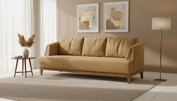 Brown three-seater upholstered fabric couch, elegant living room furniture.