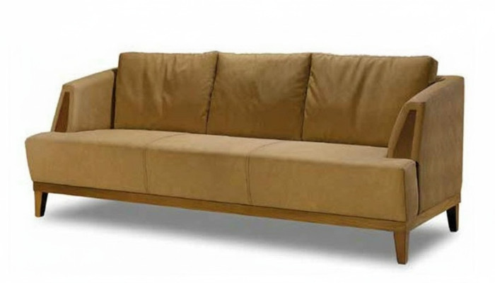 Brown three-seater upholstered fabric couch, elegant living room furniture.