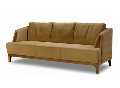 Brown three-seater upholstered fabric couch, elegant living room furniture.