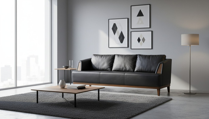 Black designer leather three-seater modern living room upholstered couch