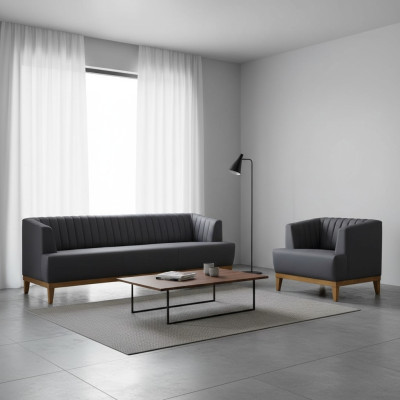 Gray-Brown Sofa Set Designer Upholstered Armchair Noble Textile 3-Seater