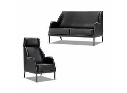 Black leather suite modern two-seater upholstered armchair furniture 2-piece set