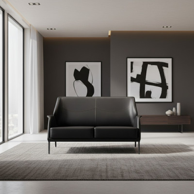Luxurious Black Leather Couch Designer Upholstery Modern Two-seater