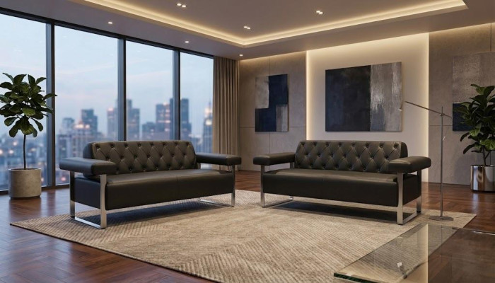 Leather sofas set, 2 pieces, black, solid color, Chesterfield, modern design, universal