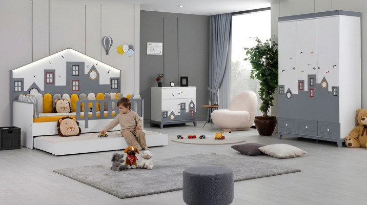 Children's bed wardrobe youth room children's room furniture 2-piece set wood