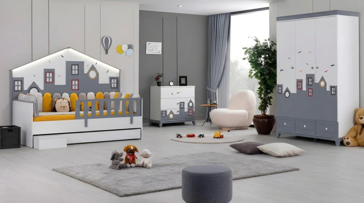 Children's bed wardrobe youth room children's room furniture 2-piece set wood