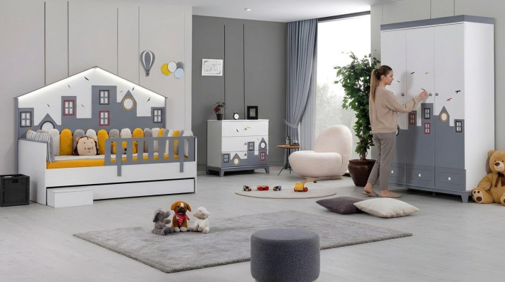 Modern children's room set: crib, wardrobe, dresser, bedroom new.
