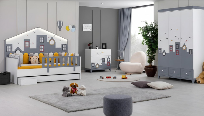 Modern children's room set: crib, wardrobe, dresser, bedroom new.