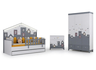 Modern children's room set: crib, wardrobe, dresser, bedroom new.