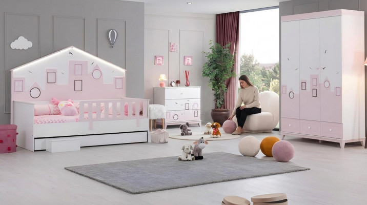 Kids bed pink wardrobe youth room children's room furniture 2-piece set wood