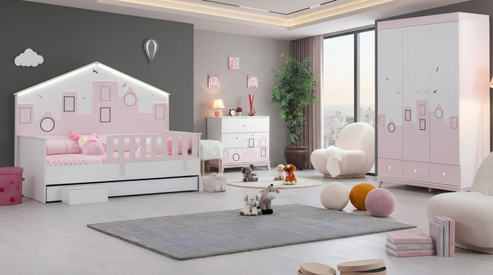 Kids bed pink wardrobe youth room children's room furniture 2-piece set wood