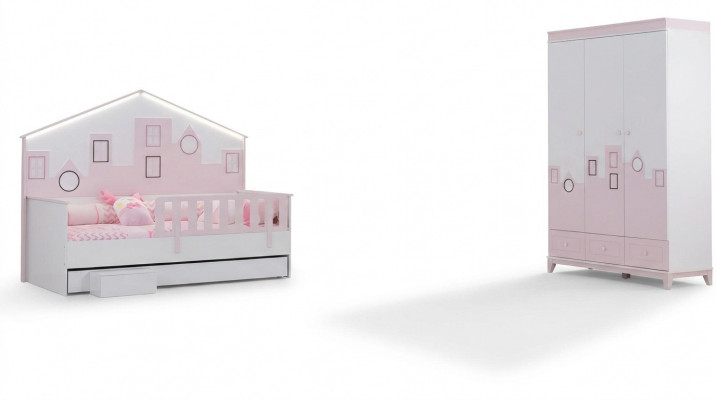 Kids bed pink wardrobe youth room children's room furniture 2-piece set wood