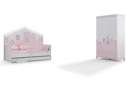 Kids bed pink wardrobe youth room children's room furniture 2-piece set wood