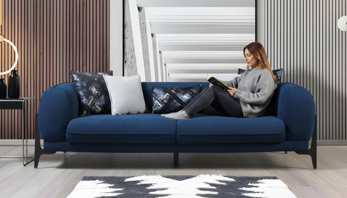 Blue Upholstered 3-Seater Reclining Sofas Designer Club Couches Lounge Furniture