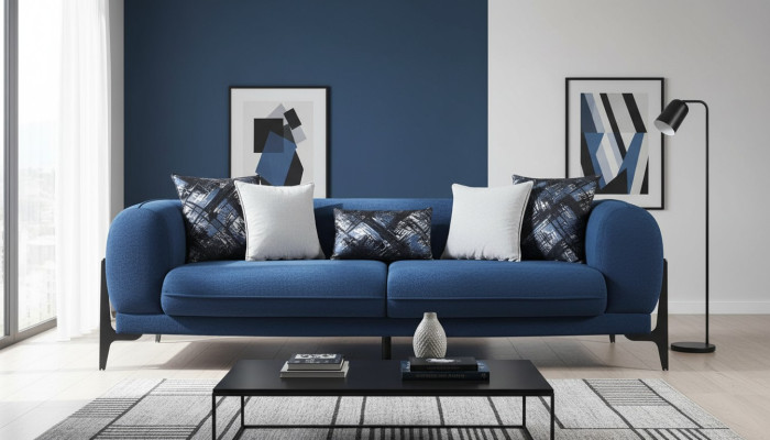 Blue Upholstered 3-Seater Reclining Sofas Designer Club Couches Lounge Furniture