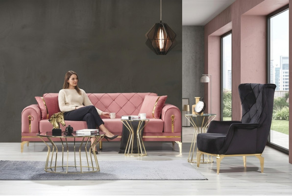 Chesterfield Pink Stainless Steel Sofa Modern Upholstered Couch Luxury Three-Seater