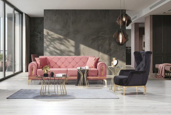 Chesterfield Pink Stainless Steel Sofa Modern Upholstered Couch Luxury Three-Seater