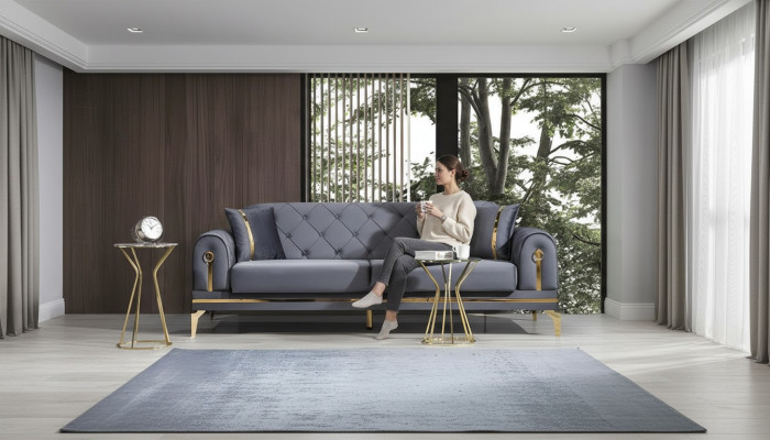 Chesterfield gray fabric sofa designer living room three-seater textile three-seater
