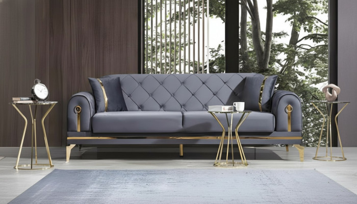 Chesterfield gray fabric sofa designer living room three-seater textile three-seater