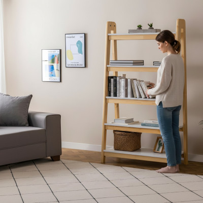 Light beige bookshelf designer wall shelves luxurious wood filing cabinet