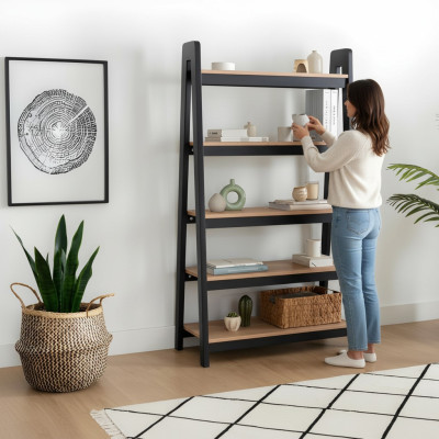 Black-beige bookshelf living room file shelves wooden racks furniture