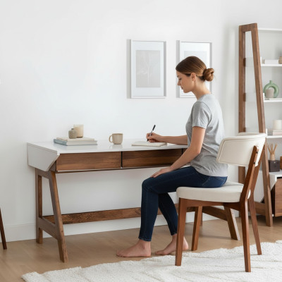 White-Brown Home Office Desk Sturdy Laptop Table Wooden Furniture