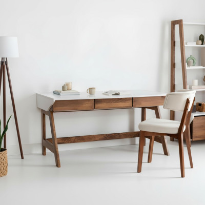 White-Brown Home Office Desk Sturdy Laptop Table Wooden Furniture