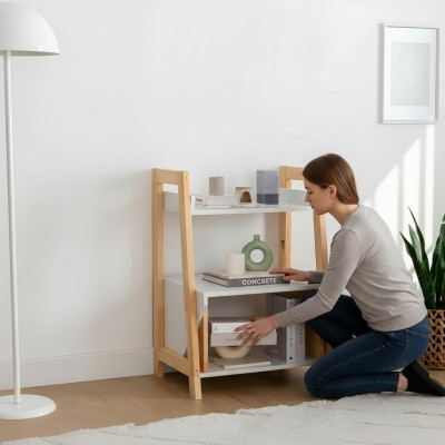 Beige-white bookshelf shelving unit high-quality wood side cabinet