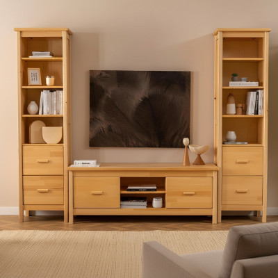 Luxurious Beige Living Room Set RTV Stand 2x Wooden Display Cabinets 3-piece Set