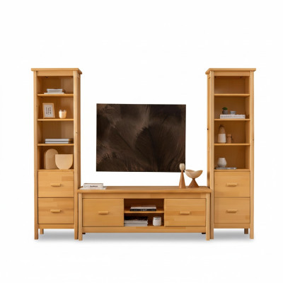 Luxurious Beige Living Room Set RTV Stand 2x Wooden Display Cabinets 3-piece Set