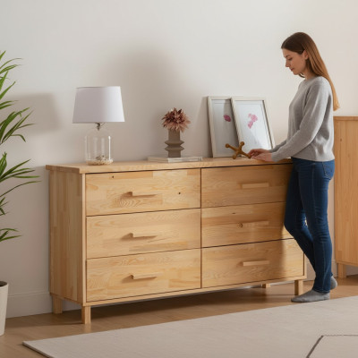 Luxurious Beige Dresser Bedroom 6-Drawer Wood Storage Dresser