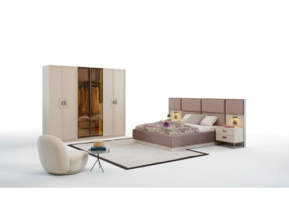 Beige Schlafzimmer-Set Bett 2x Nachttische Luxusmöbel Doppelbett 160x200