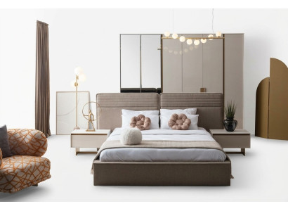 Polsterbett 2x Nachttische Holz Luxuriöses Beige Schlafzimmerset neu