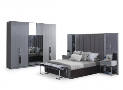 Graues Schlafzimmer Set 5 tlg. Bett Kleiderschrank Günstige Möbel Bank