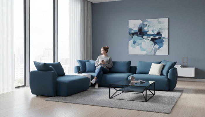 Luxury modern blue L-shaped corner sofa for the living room
