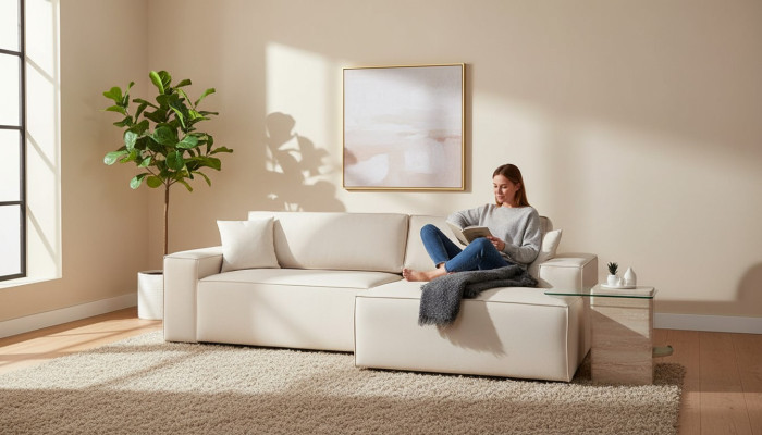 White fabric L-shaped corner sofa for the living room