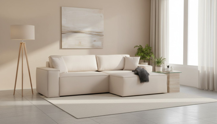 White fabric L-shaped corner sofa for the living room