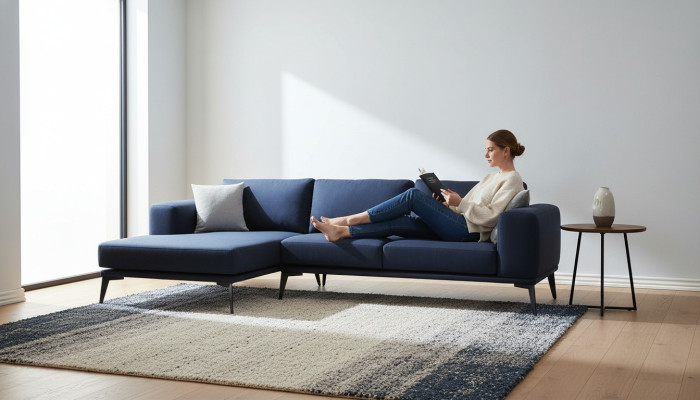 L-shaped corner sofa, dark blue, solid color, textile material with cushions, living room.