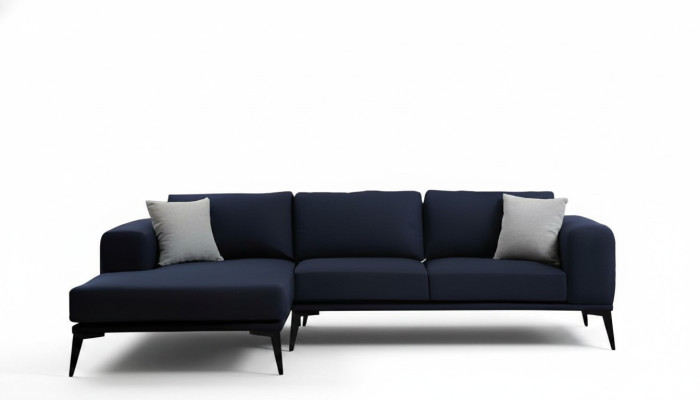 L-shaped corner sofa, dark blue, solid color, textile material with cushions, living room.