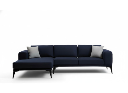 L-shaped corner sofa, dark blue, solid color, textile material with cushions, living room.
