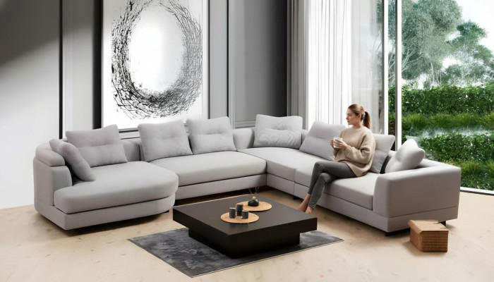 U-shaped living room corner sofa L-shaped modern design style textile material white