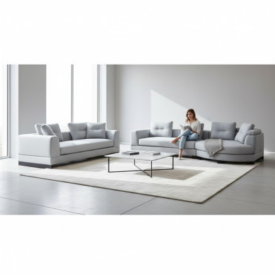Living room set 2-piece 3-seater with U-shape sofas fabric sofas gray solid color