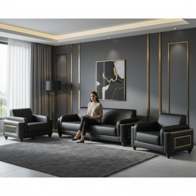 Study three-seater sofa with armchair black plain style living room