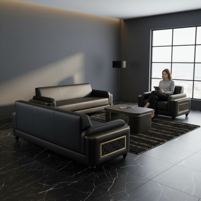 Black 3-seater sofa, armchair, brown coffee table, modern design, study room